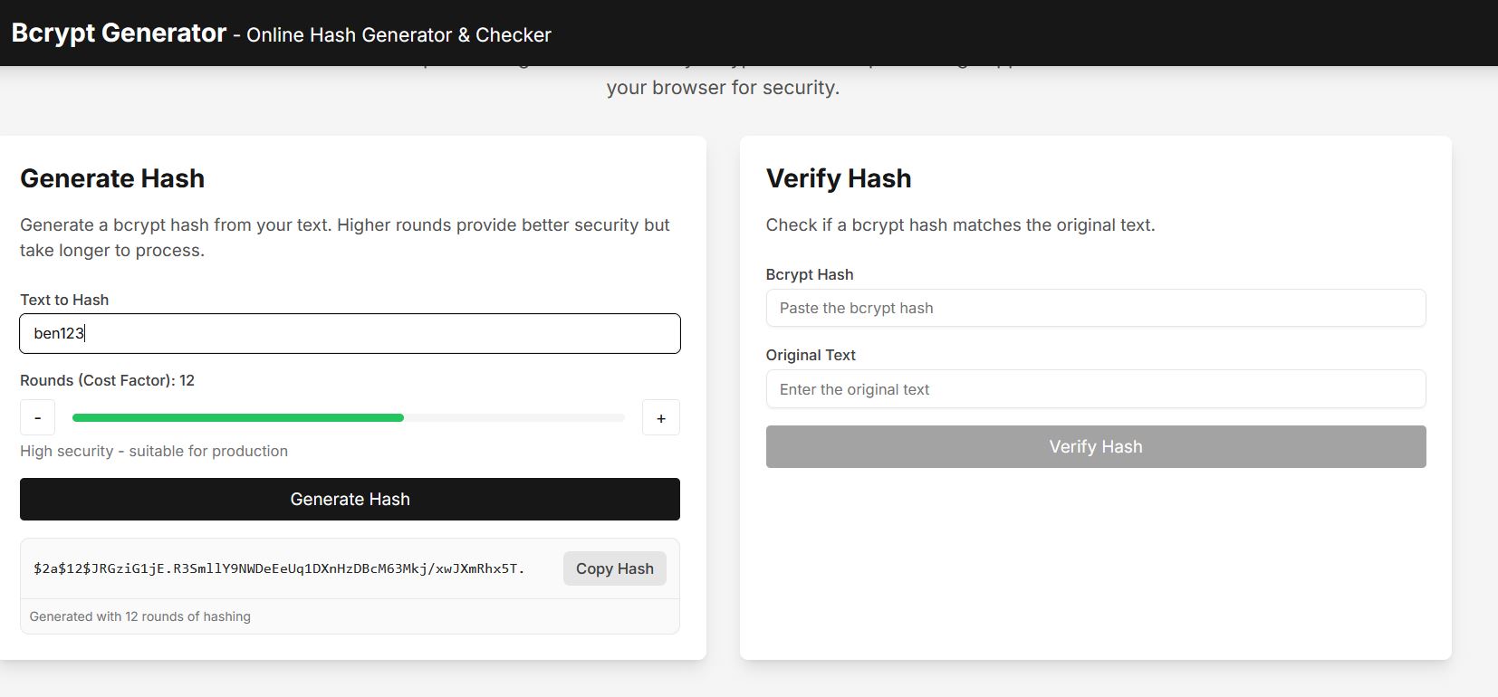 Online Bcrypt Generator zeigt erstellten Hash