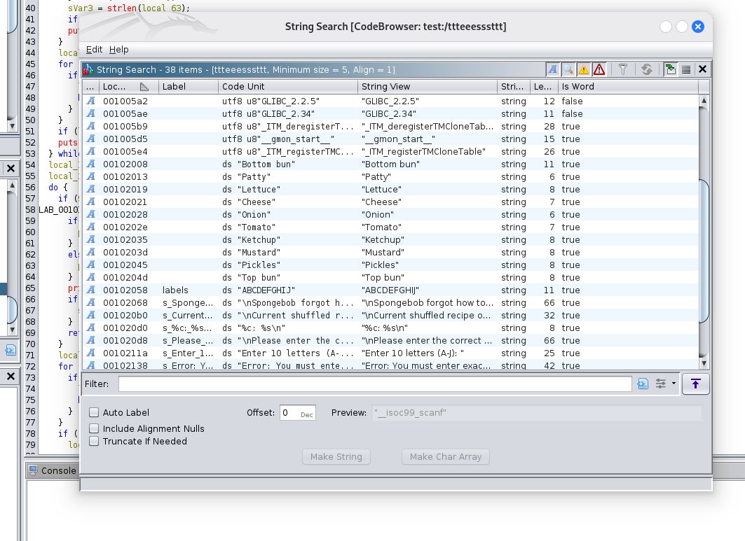 Ghidra Screenshot: Interne Zutatenliste (ingredients) im Speicher