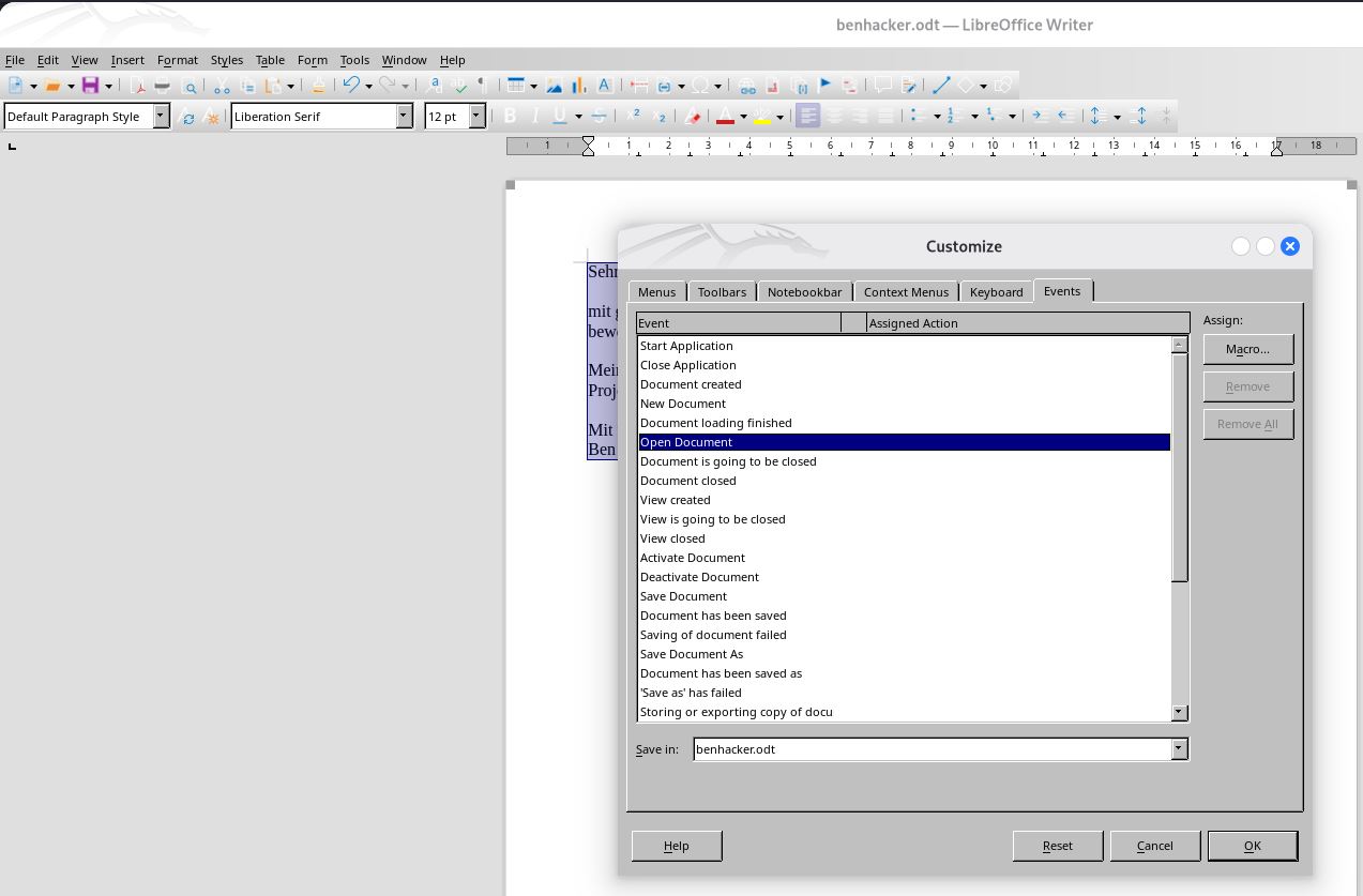 Konfiguration in LibreOffice Customize für Open Document