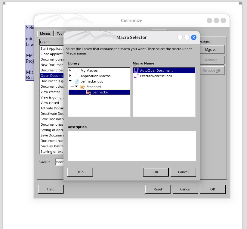 Konfiguration in LibreOffice Customize für die Reverse Shell