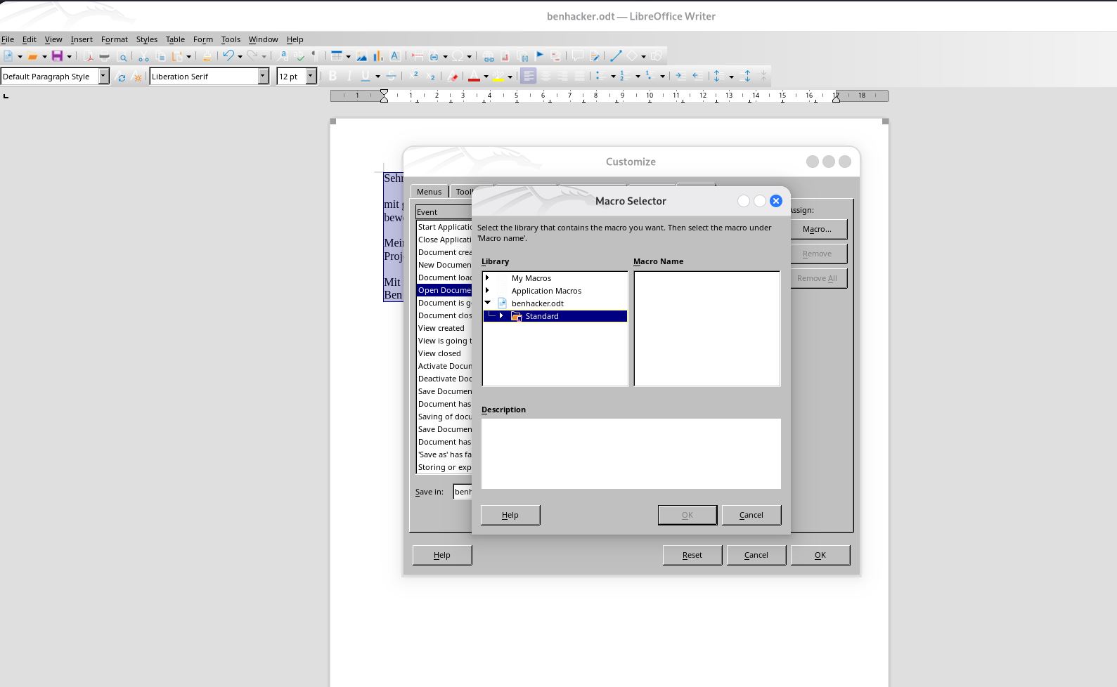 Konfiguration in LibreOffice Customize für Open Document/Makros