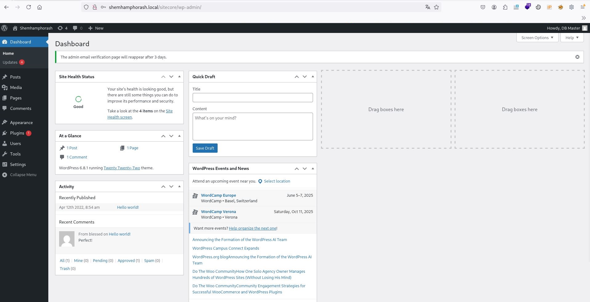 Erfolgreicher Login mit dem neu erstellten WordPress Admin-Account 'dbmaster'